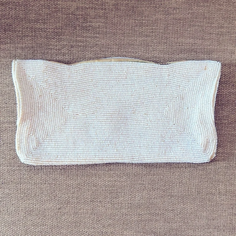 Vintage Beaded Tulip Clutch Purse Handheld Bag Cream Beads Vtg - Picture 2 of 5